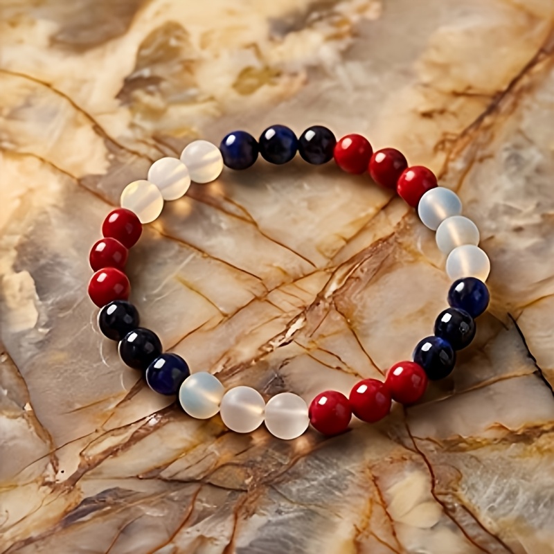 2pc Red Blue White Elastic Cord Bead Bracelets, Bohemian Style
